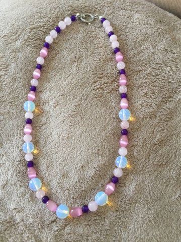 Moonstone, amethyst, rose quartz and Mexican opal necklace.
